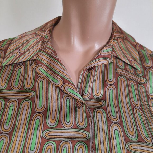 Vintage 1940s Shiny Rayon Blouse Abstract Print Button Front Brown Green Size S - Picture 3 of 11